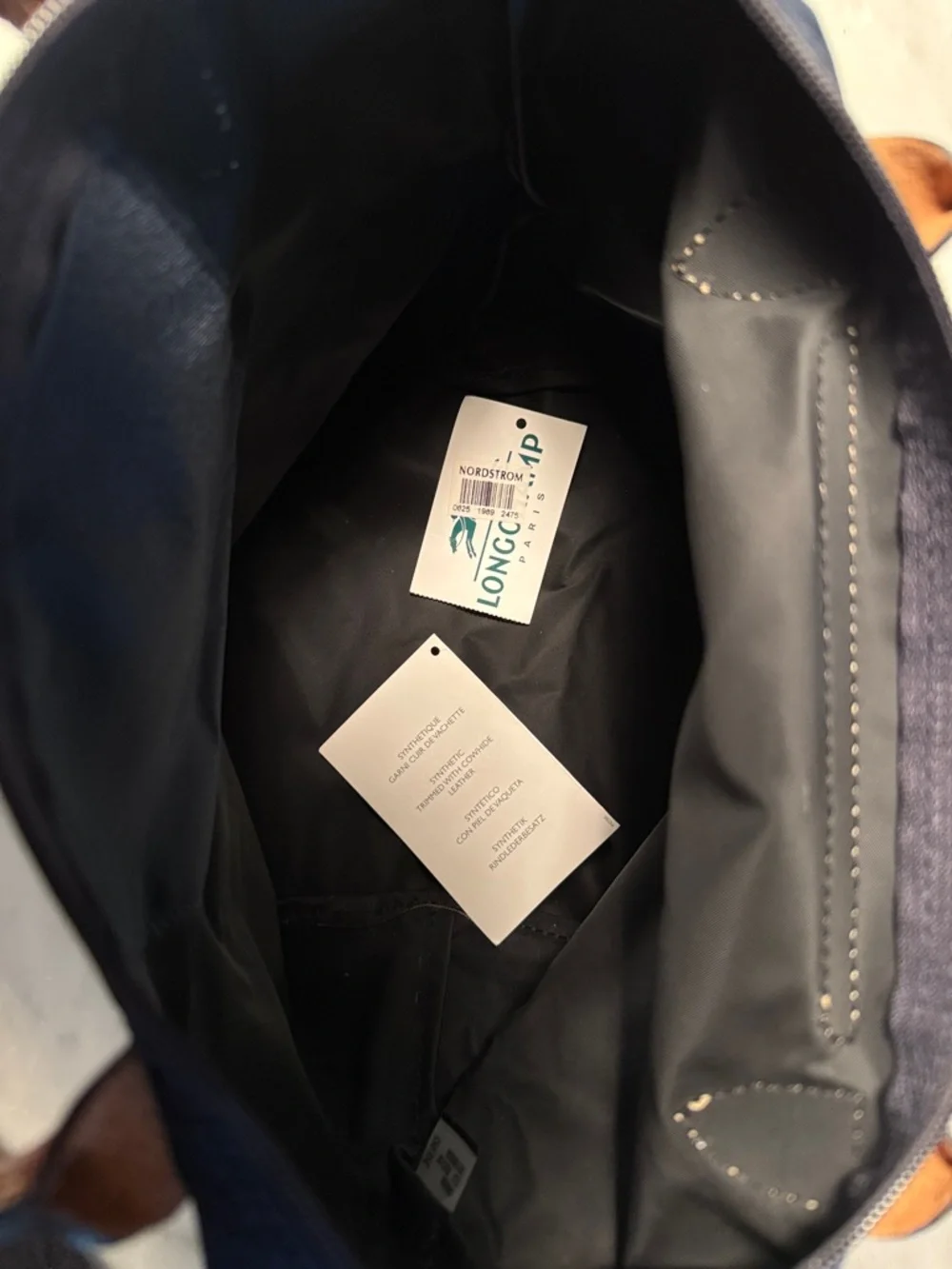 Longchamp Navy Tote with Brown Leather Trim and Gold Accent - Picture 4 of 5